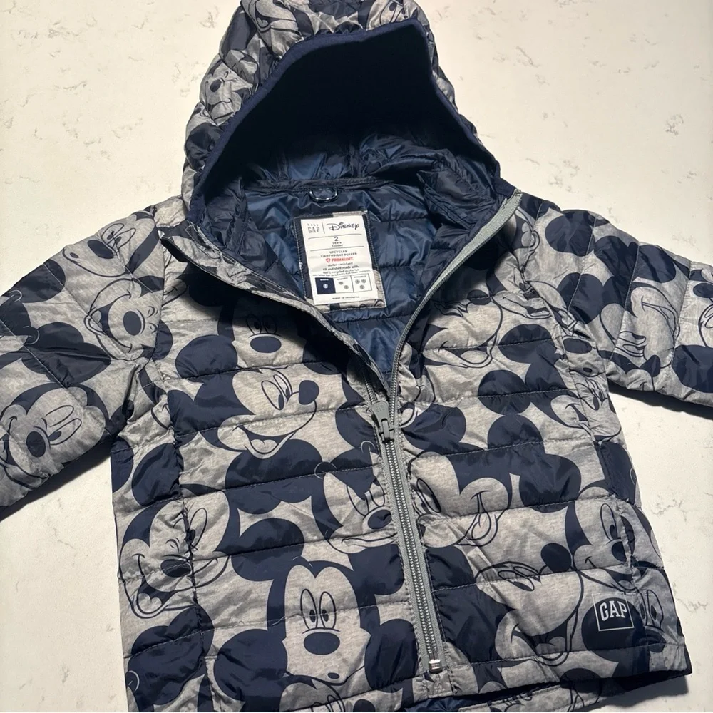 GAP Disney Mickey Mouse Hooded Puffer Jacket Navy Toddler Boys 2T